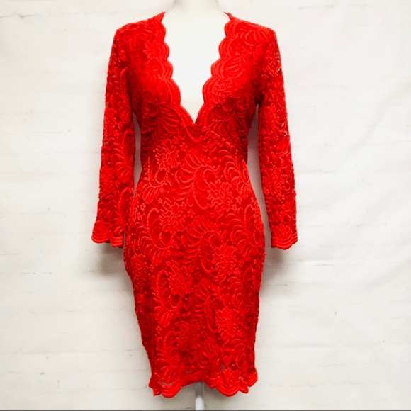 bebe Dresses & Skirts - bebe Red Long Sleeve lace Dress M low v plunge #111 bodycon